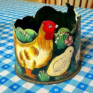 Toleware Metal Tin Hand Painted Chicken Rooster Planter Farmhouse Shabby Decor